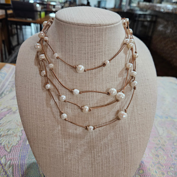 Pearl Cascade Leather Necklace – Multi-Strand Freshwater Pearl Jewelry | Aqua Geo