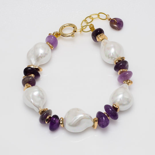 Baroque Pearl & Amethyst Bracelet with Gold Accents