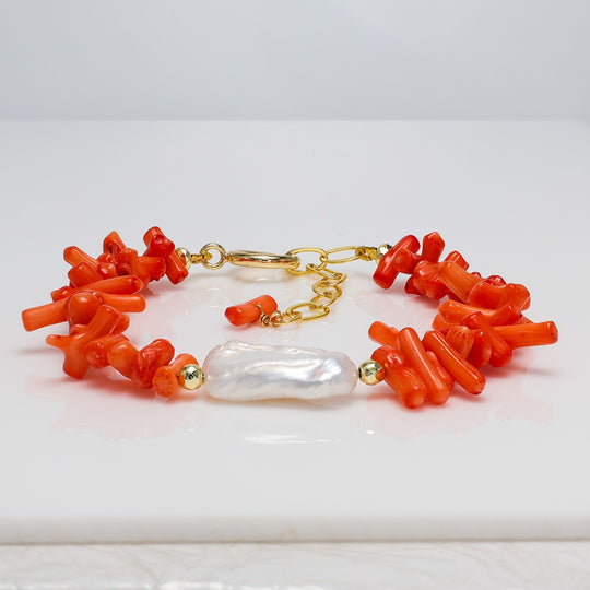 Coral Chip & Baroque Pearl Statement Bracelet