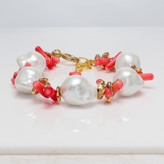 Baroque Pearl & Coral Bracelet with Gold Accents
