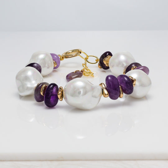 Baroque Pearl & Amethyst Bracelet with Gold Accents