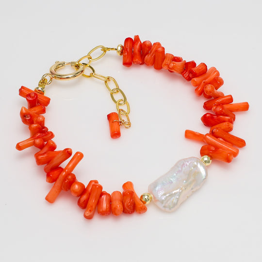 Coral Chip & Baroque Pearl Statement Bracelet