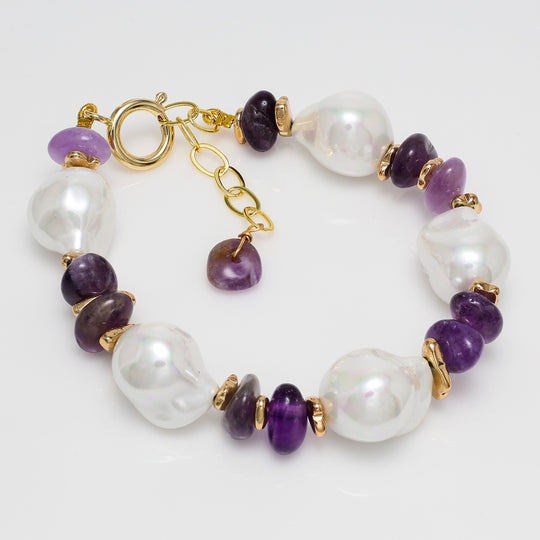 Baroque Pearl & Amethyst Bracelet with Gold Accents