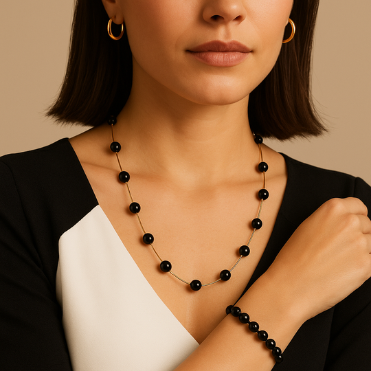 Aqua Geo Midnight Polished Black Beads Necklace