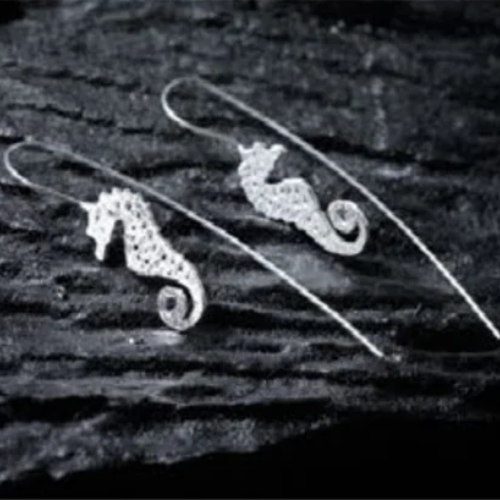 Aqua Geo Sea Horse Sterling Silver Earring Hand Made 925